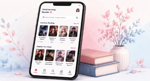 Page Turn Over mobile app preview with books and floral illustrations
